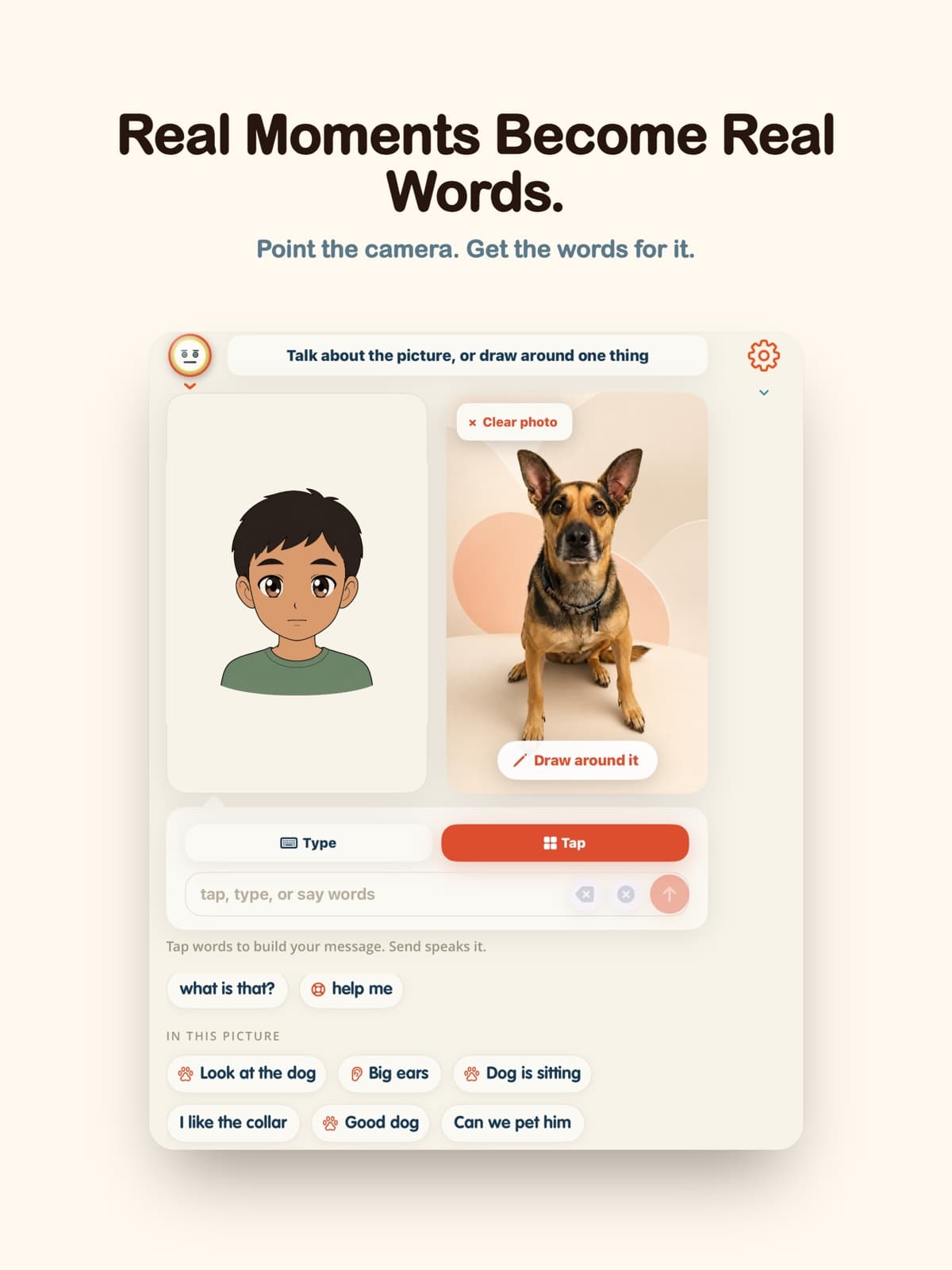 Scene Talk offering words connected to a photo of a dog