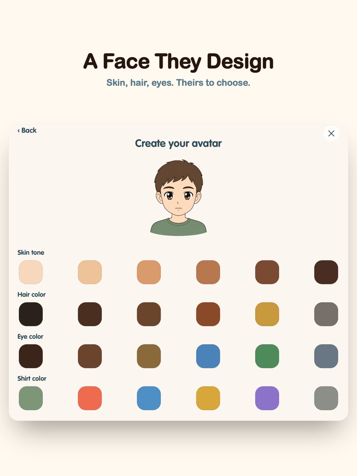 InnerVoice avatar builder with choices for skin tone, hair, eyes, and shirt color