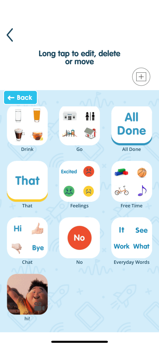 Custom vocabulary page with folders for Drink, Go, Feelings, and more
