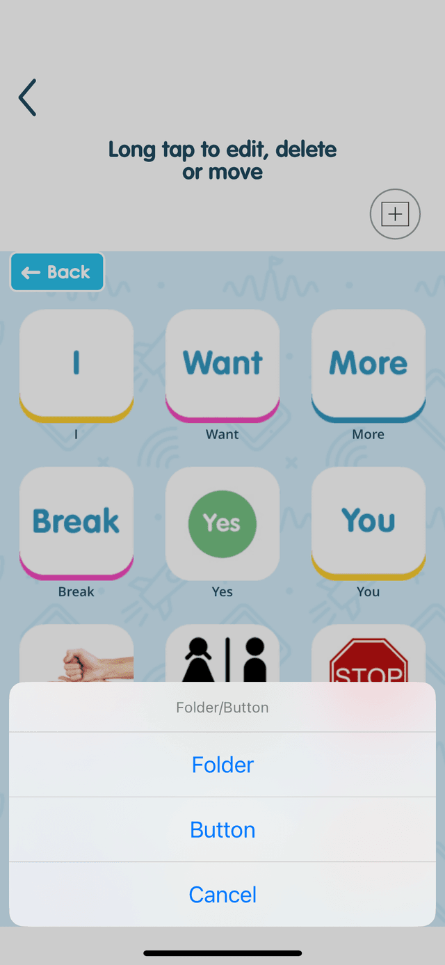 Long tap menu showing Folder and Button options for editing