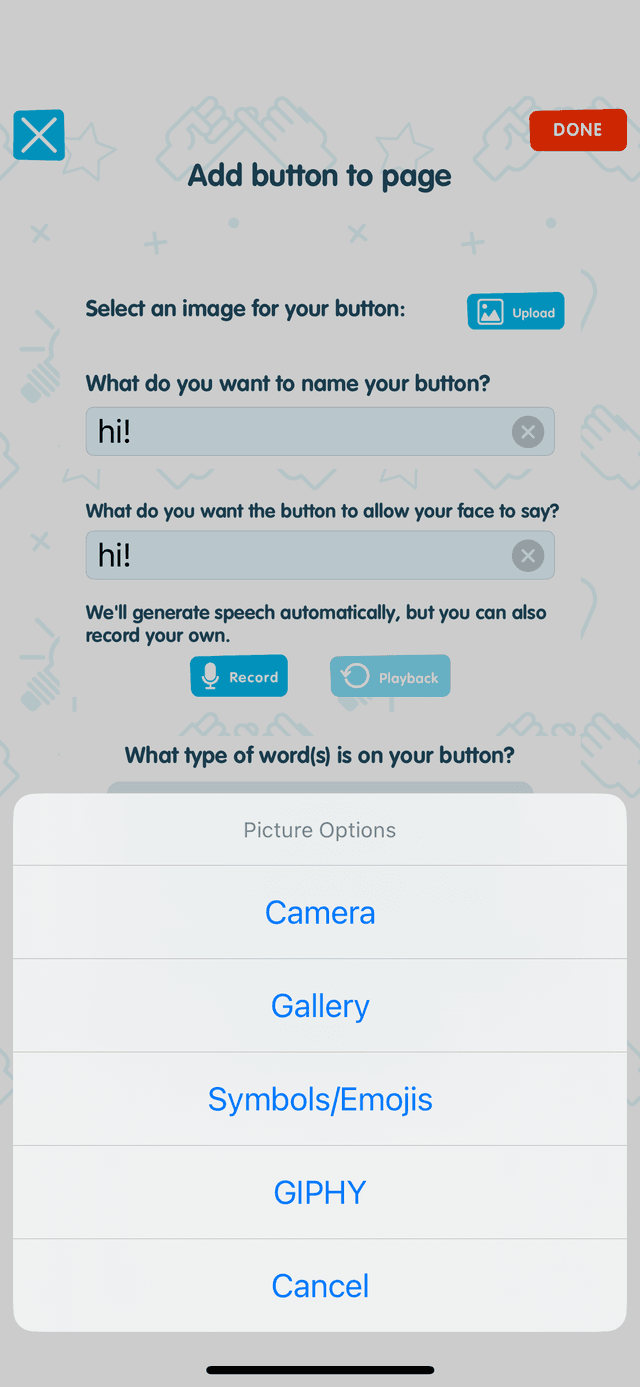 Picture options menu with Camera, Gallery, Symbols, and GIPHY