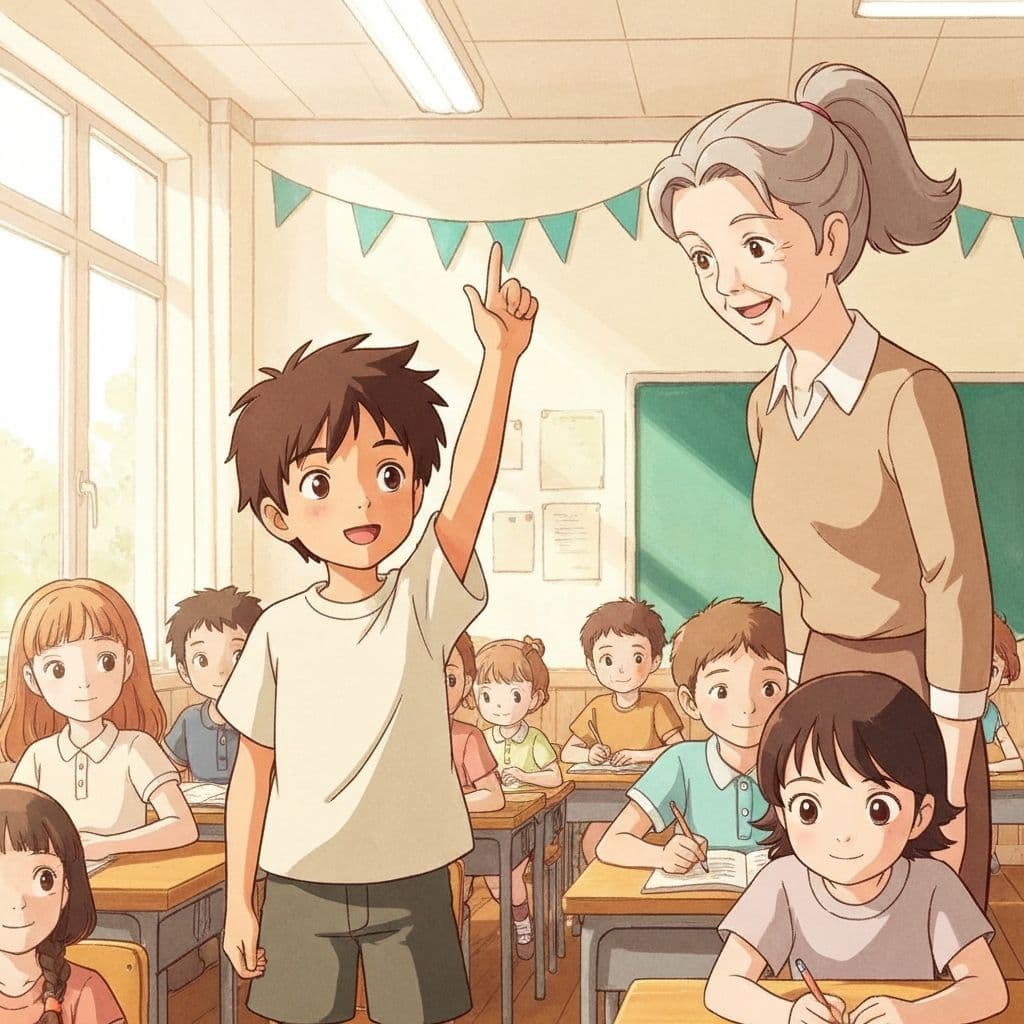 Child raising hand in classroom