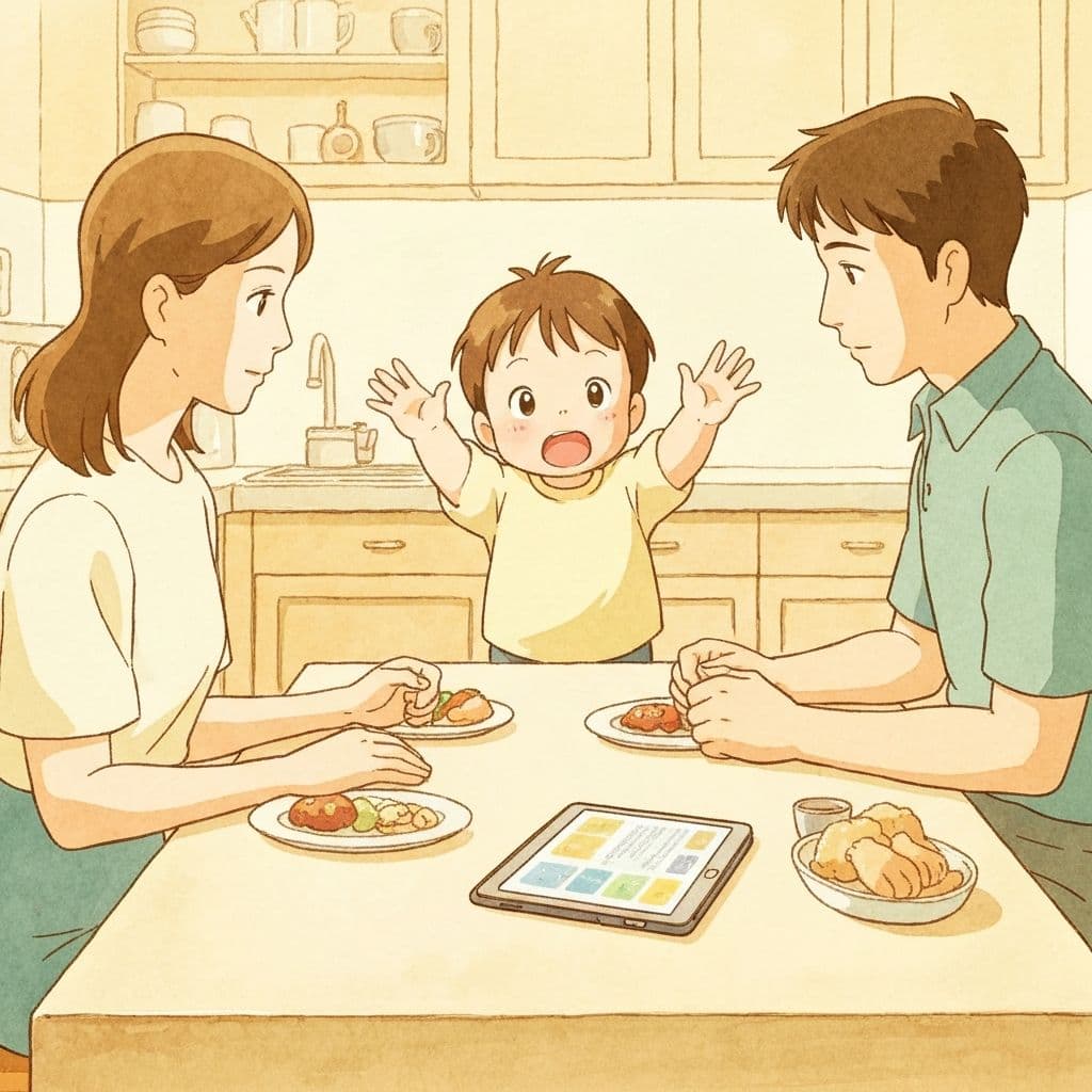 Family engaged in dinner conversation