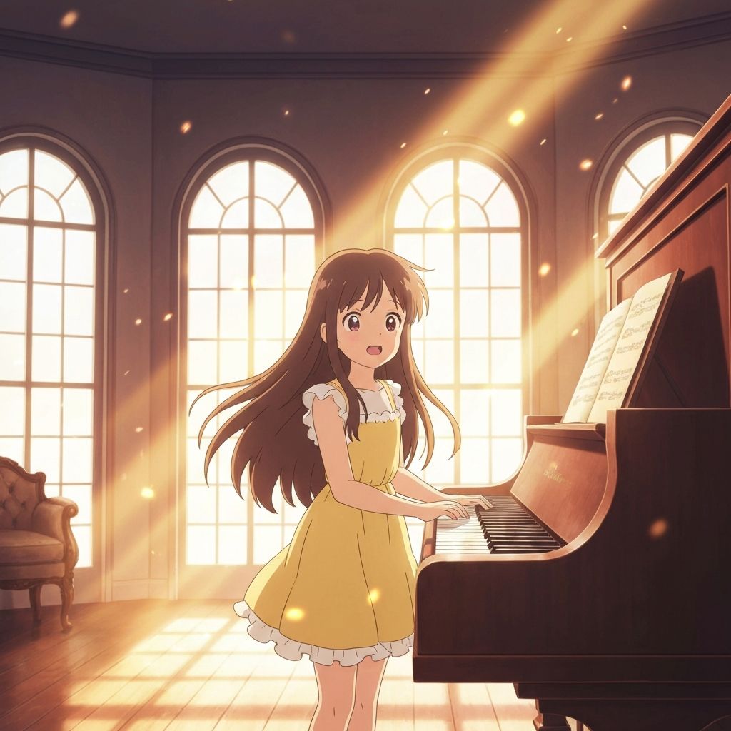 Child discovering piano - metaphor for language learning