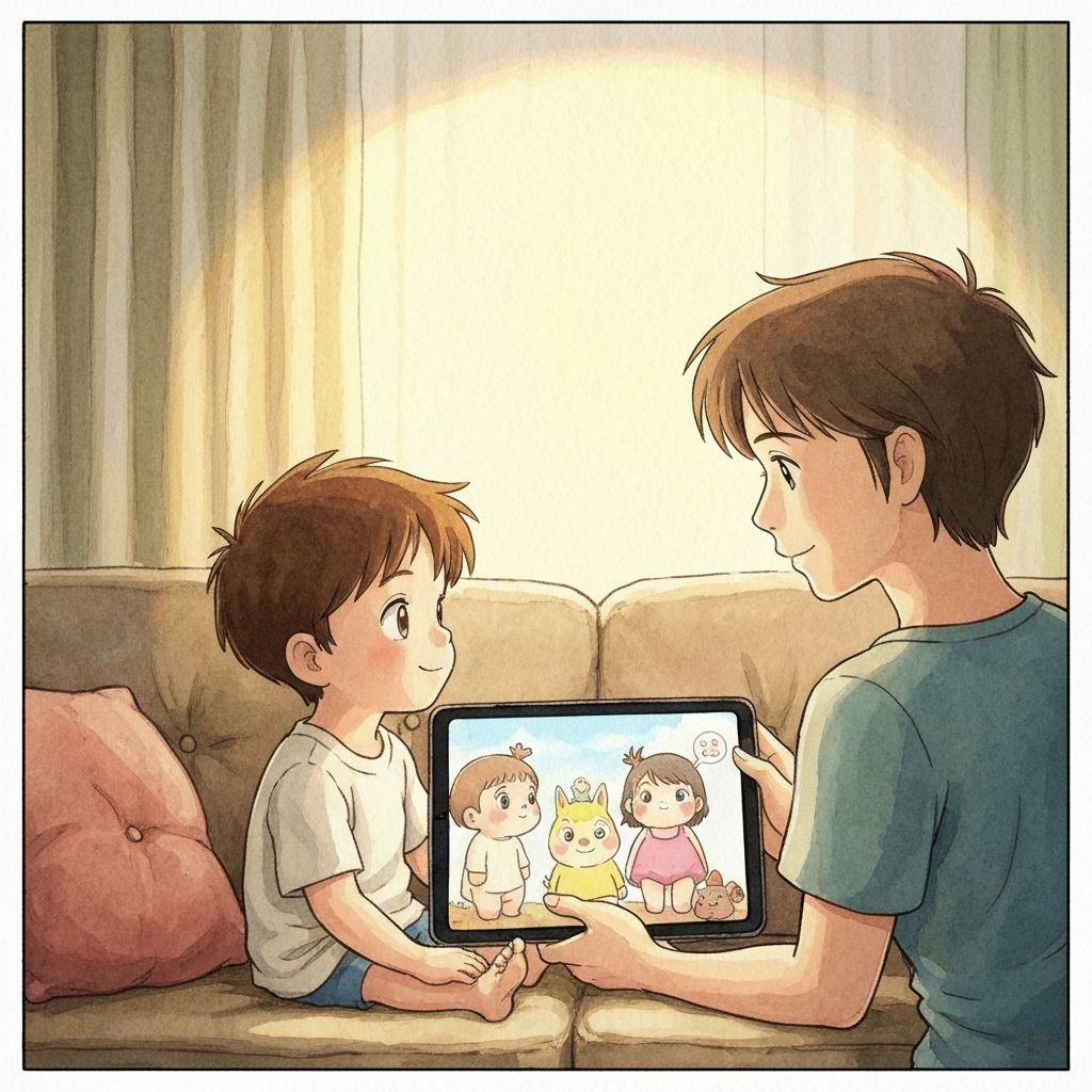 Children watching an animated visual story showing vocabulary in context